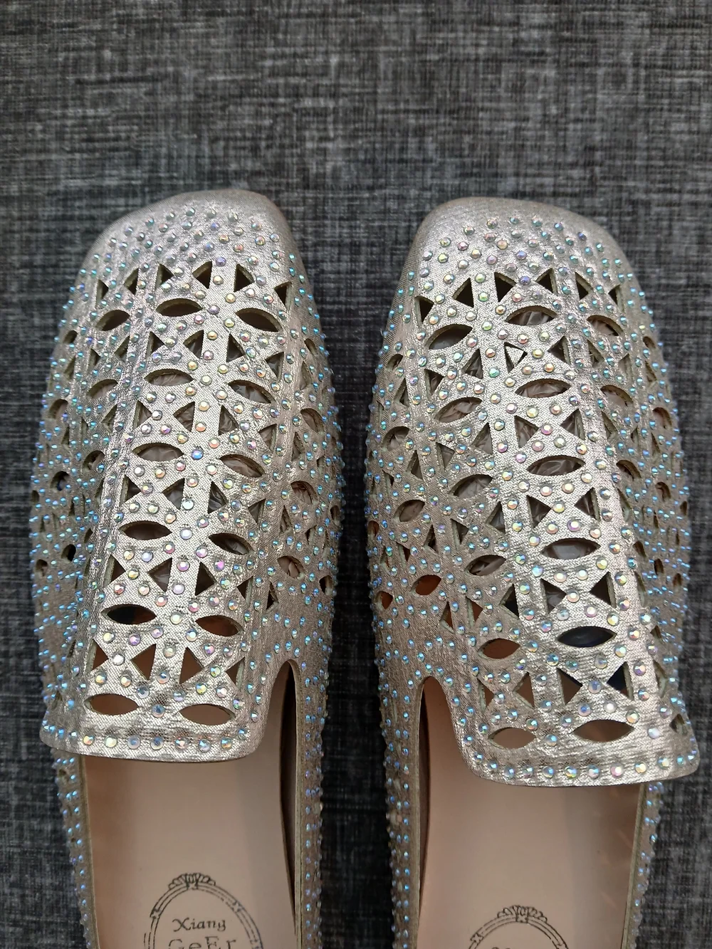 Laser-Cut Embellished Slip-On Flats in Champagne